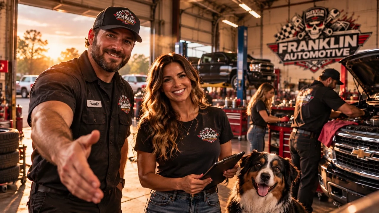 The Franklin family in their automotive shop: a man extending a welcoming hand, a woman holding a clipboard, their dog, and family members working on trucks beneath the Franklin Automotive artwork.
