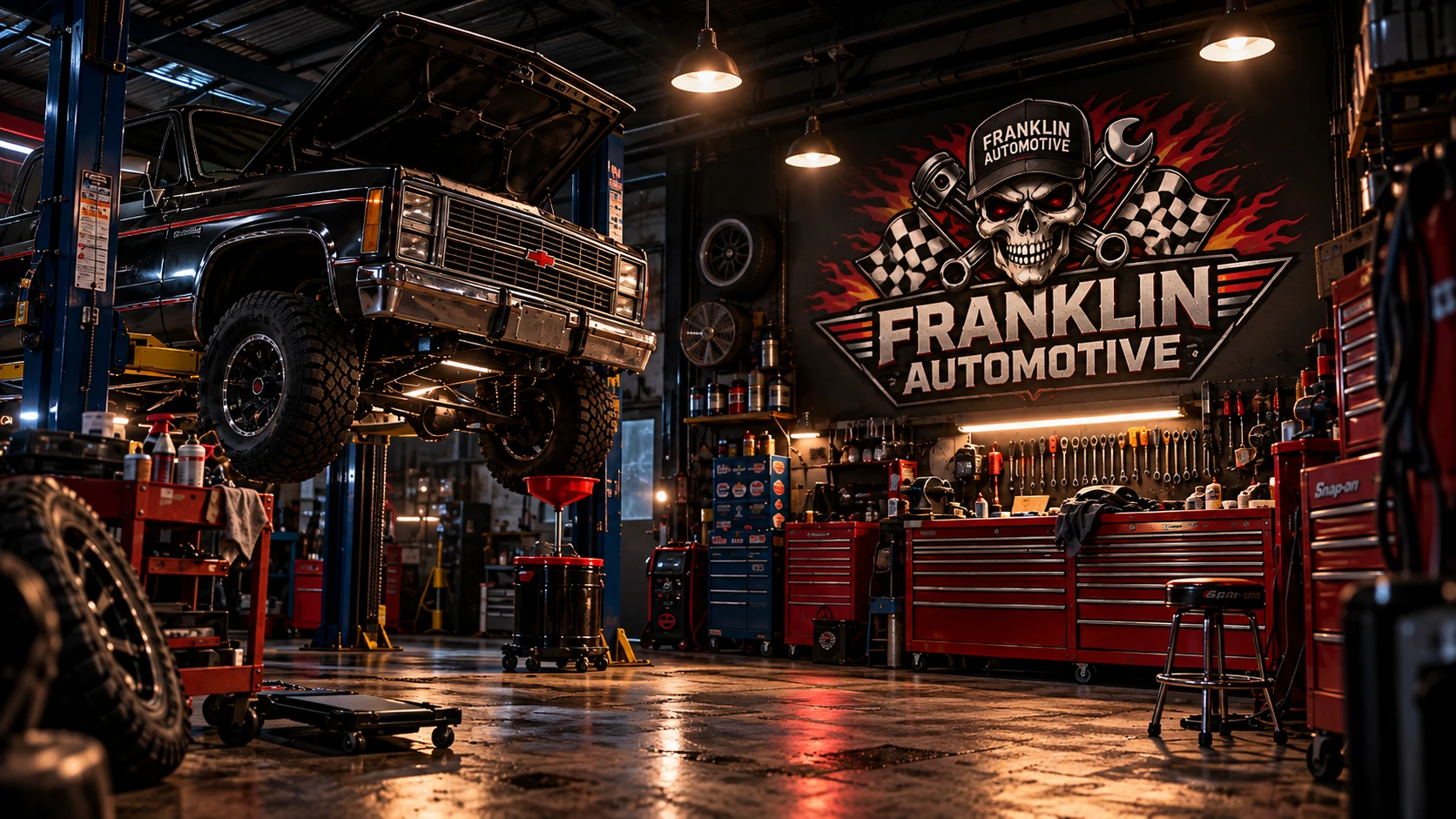 A dark automotive workshop: a black pickup raised on a two-post lift at the left, red tool chests at the right, and large Franklin Automotive skull-and-flags artwork on the back wall.